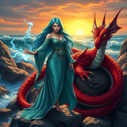 A female merfolk wizard with striking features, wielding powerful magic, stands confidently on a rocky shore