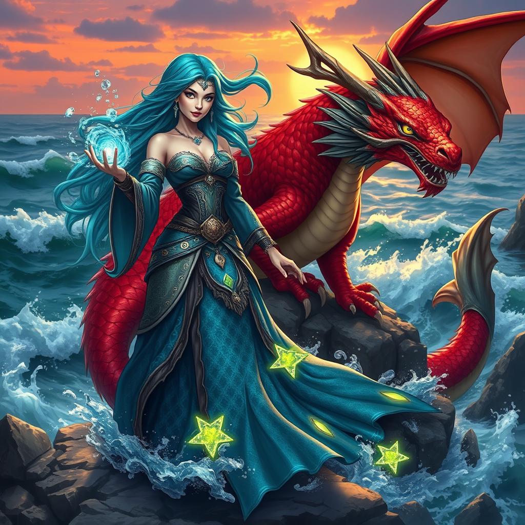 A female merfolk wizard with striking features, wielding powerful magic, stands confidently on a rocky shore