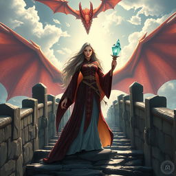 A powerful female wizard who is also a merfolk stands confidently on a grand stone bridge, wearing a striking robe adorned with mystical symbols