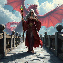 A powerful female wizard who is also a merfolk stands confidently on a grand stone bridge, wearing a striking robe adorned with mystical symbols
