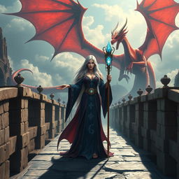 A powerful female wizard who is also a merfolk stands confidently on a grand stone bridge, wearing a striking robe adorned with mystical symbols