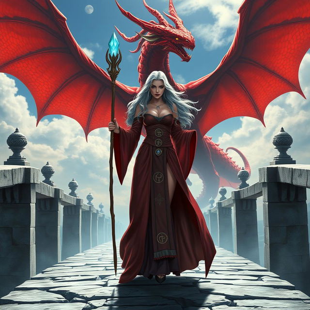 A powerful female wizard who is also a merfolk stands confidently on a grand stone bridge, wearing a striking robe adorned with mystical symbols
