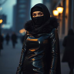 A woman wearing a niqab that covers her face except for her kohl-lined eyes, dressed in a glossy black leather tight-fitting abaya, with a fur-lined hood, leather gloves, and high-heeled leather knee-high boots