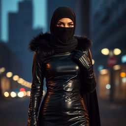 A woman wearing a niqab that covers her face except for her kohl-lined eyes, dressed in a glossy black leather tight-fitting abaya, with a fur-lined hood, leather gloves, and high-heeled leather knee-high boots