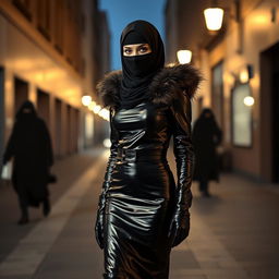 A woman wearing a niqab that covers her face except for her kohl-lined eyes, dressed in a glossy black leather tight-fitting abaya, with a fur-lined hood, leather gloves, and high-heeled leather knee-high boots