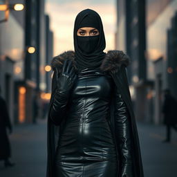 A woman wearing a niqab that covers her face except for her kohl-lined eyes, dressed in a glossy black leather tight-fitting abaya, with a fur-lined hood, leather gloves, and high-heeled leather knee-high boots