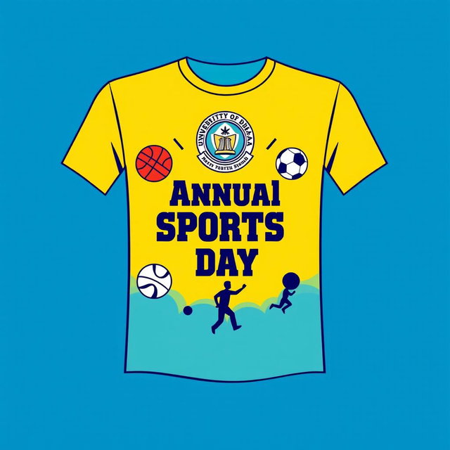 A simple yet vibrant t-shirt design for the annual sports day program of Master da Surjo Sen Hall, featuring the logo of the University of Dhaka prominently