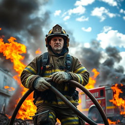 A brave firefighter in full protective gear, standing heroically amidst a blazing fire