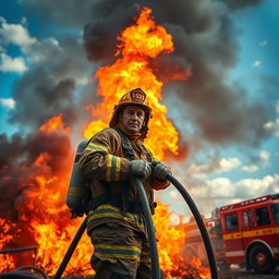 A brave firefighter in full protective gear, standing heroically amidst a blazing fire