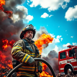 A brave firefighter in full protective gear, standing heroically amidst a blazing fire
