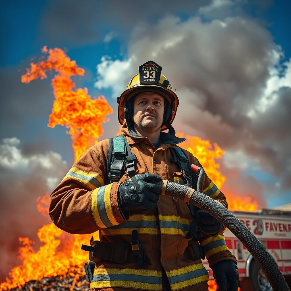 A brave firefighter in full protective gear, standing heroically amidst a blazing fire