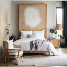 An elegant bedroom with a beautiful Venetian plaster wall, a white linen bed with rattan features, and a prominent large artwork adding a touch of sophistication.