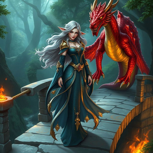 A female merfolk character, embodying a badass wizard persona, standing confidently on a mystical bridge