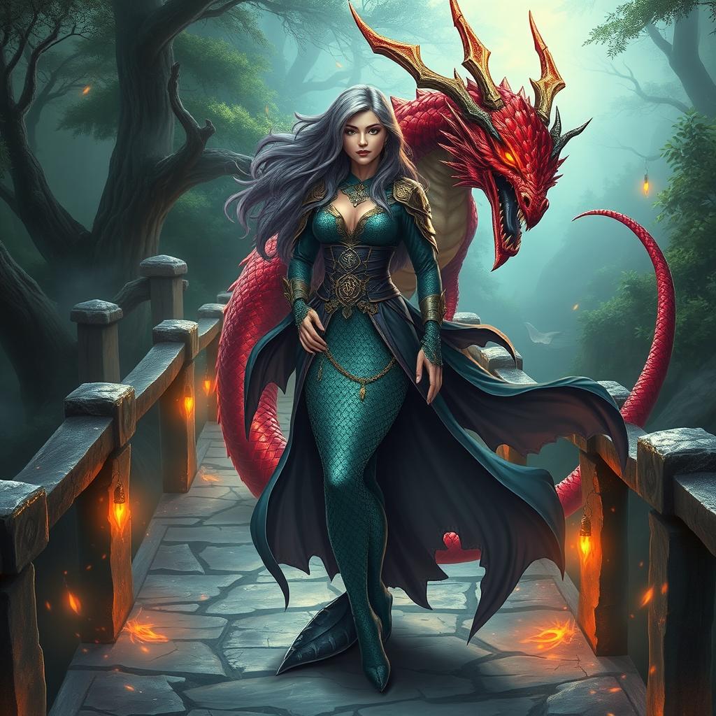 A female merfolk character, embodying a badass wizard persona, standing confidently on a mystical bridge