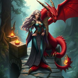 A female merfolk character, embodying a badass wizard persona, standing confidently on a mystical bridge