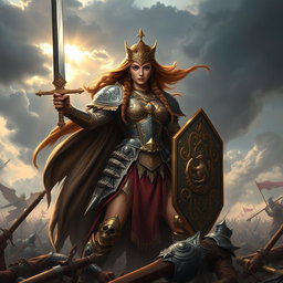 A powerful warrior queen standing confidently on a battlefield, adorned in intricate armor with ornate designs