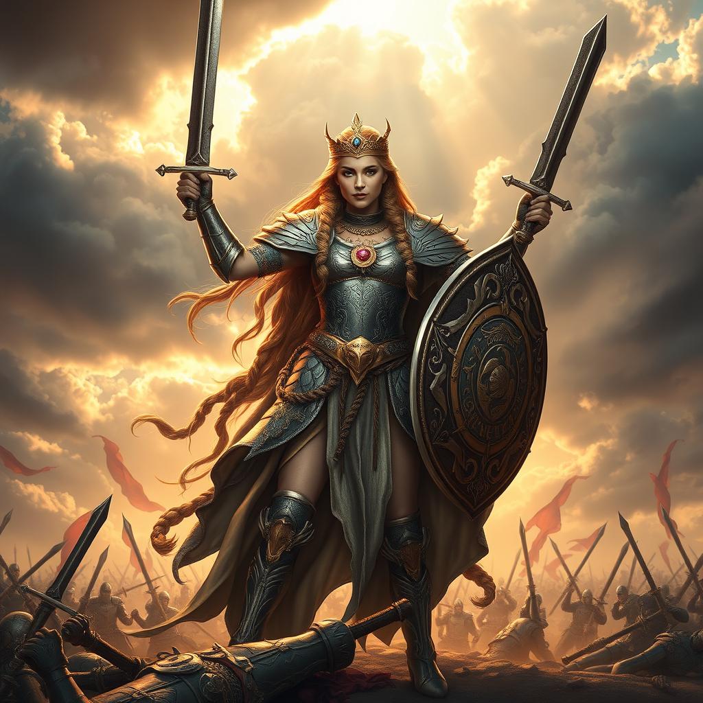 A powerful warrior queen standing confidently on a battlefield, adorned in intricate armor with ornate designs