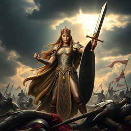 A powerful warrior queen standing confidently on a battlefield, adorned in intricate armor with ornate designs