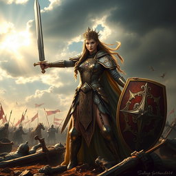 A powerful warrior queen standing confidently on a battlefield, adorned in intricate armor with ornate designs