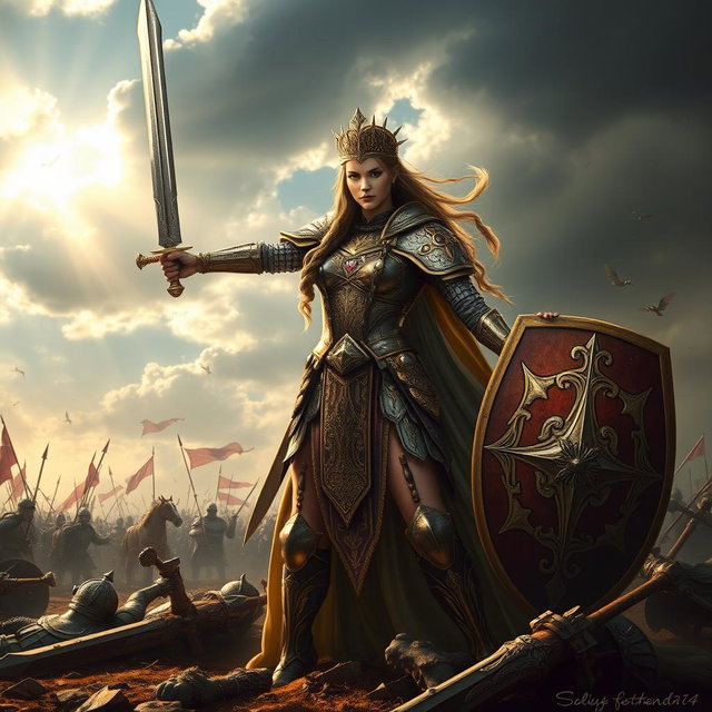 A powerful warrior queen standing confidently on a battlefield, adorned in intricate armor with ornate designs