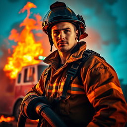 A strikingly handsome firefighter in full protective gear, exuding confidence and appeal