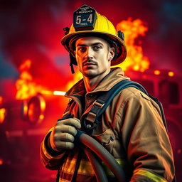 A strikingly handsome firefighter in full protective gear, exuding confidence and appeal