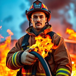 A strikingly handsome firefighter in full protective gear, exuding confidence and appeal