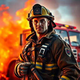 A strikingly handsome firefighter in full protective gear, exuding confidence and appeal