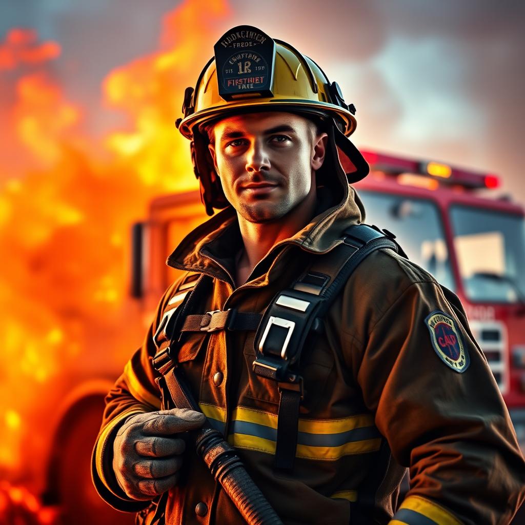 A strikingly handsome firefighter in full protective gear, exuding confidence and appeal
