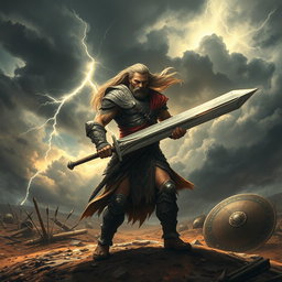 A fierce warrior standing on a battle-scarred landscape, wearing intricately detailed armor adorned with tribal patterns