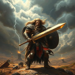 A fierce warrior standing on a battle-scarred landscape, wearing intricately detailed armor adorned with tribal patterns