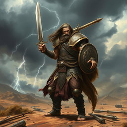 A fierce warrior standing on a battle-scarred landscape, wearing intricately detailed armor adorned with tribal patterns