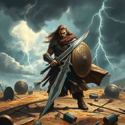 A fierce warrior standing on a battle-scarred landscape, wearing intricately detailed armor adorned with tribal patterns