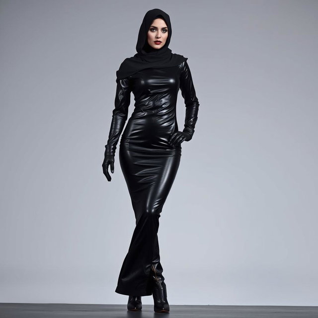 A mysterious woman wearing a hijab that covers her face except for her kohl-rimmed eyes, dressed in a tight-fitting, glossy black leather abaya