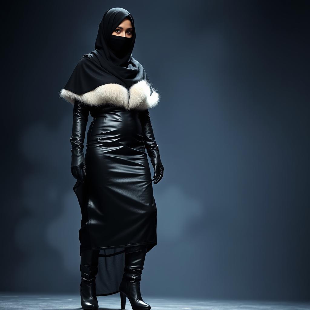 A mysterious woman wearing a hijab that covers her face except for her kohl-rimmed eyes, dressed in a tight-fitting, glossy black leather abaya