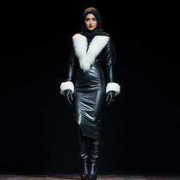 A mysterious woman wearing a hijab that covers her face except for her kohl-rimmed eyes, dressed in a tight-fitting, glossy black leather abaya