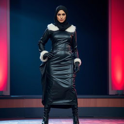 A mysterious woman wearing a hijab that covers her face except for her kohl-rimmed eyes, dressed in a tight-fitting, glossy black leather abaya