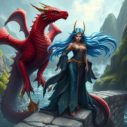 A powerful female merfolk wizard standing confidently on a stone bridge
