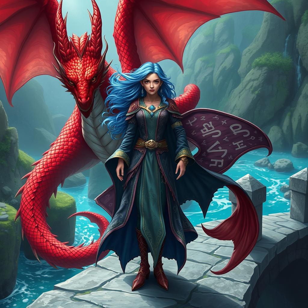 A powerful female merfolk wizard standing confidently on a stone bridge