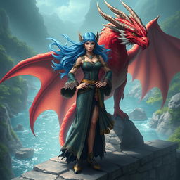 A powerful female merfolk wizard standing confidently on a stone bridge