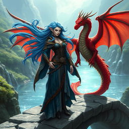 A powerful female merfolk wizard standing confidently on a stone bridge
