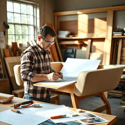 A skilled male carpenter working diligently on designing a sleek, modern sofa in a well-equipped workshop
