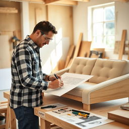 A skilled male carpenter working diligently on designing a sleek, modern sofa in a well-equipped workshop