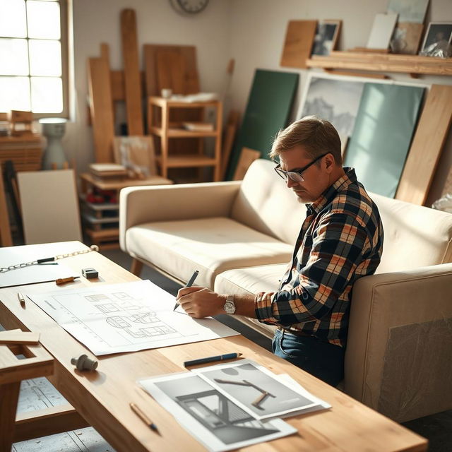 A skilled male carpenter working diligently on designing a sleek, modern sofa in a well-equipped workshop