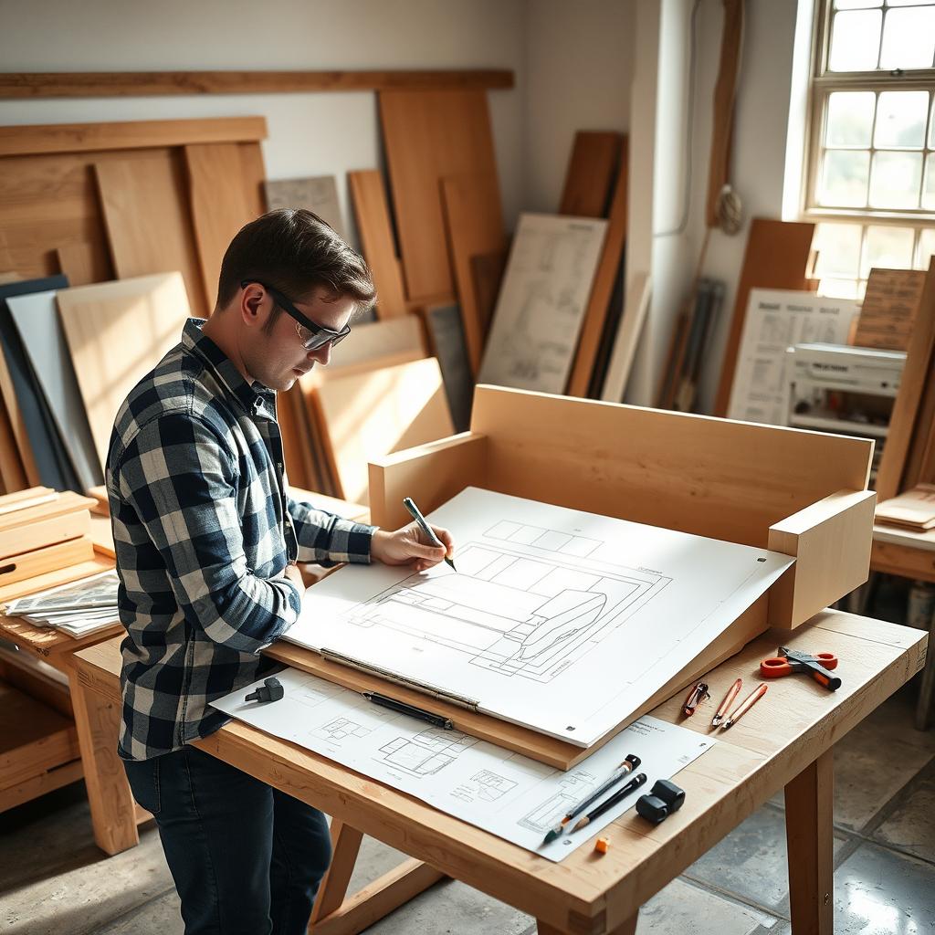 A skilled male carpenter working diligently on designing a sleek, modern sofa in a well-equipped workshop