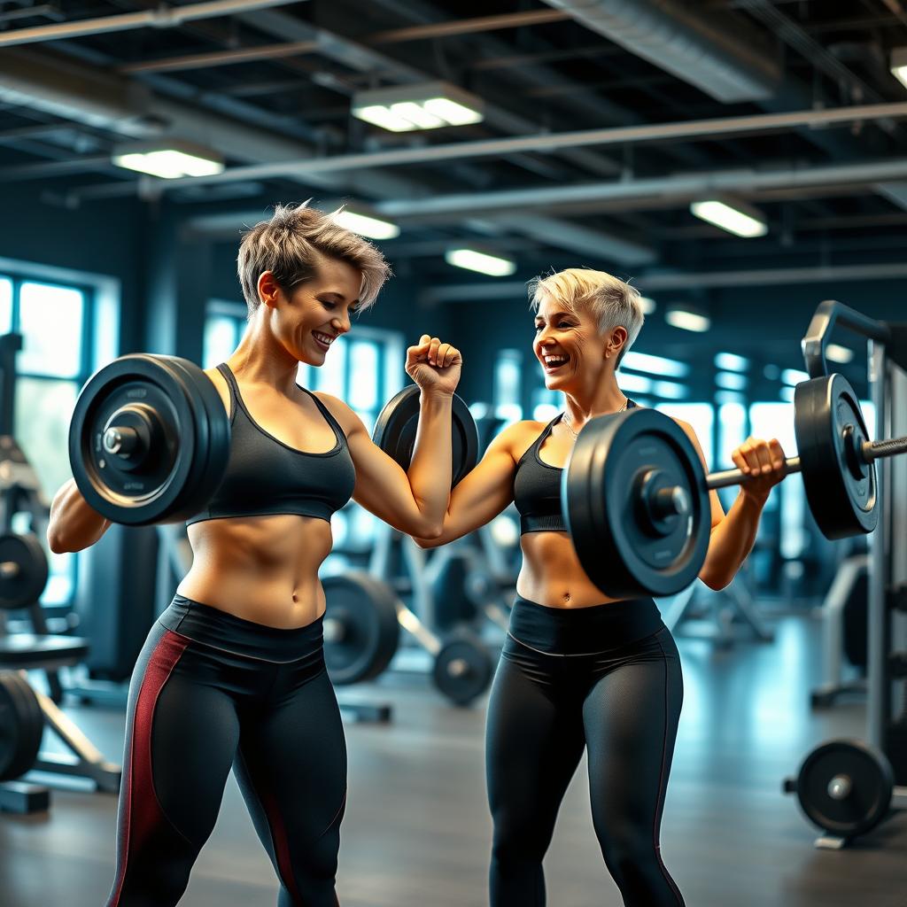 A dynamic scene in a modern gym featuring two fit women with short hair, showcasing their strength as they encourage each other during a workout