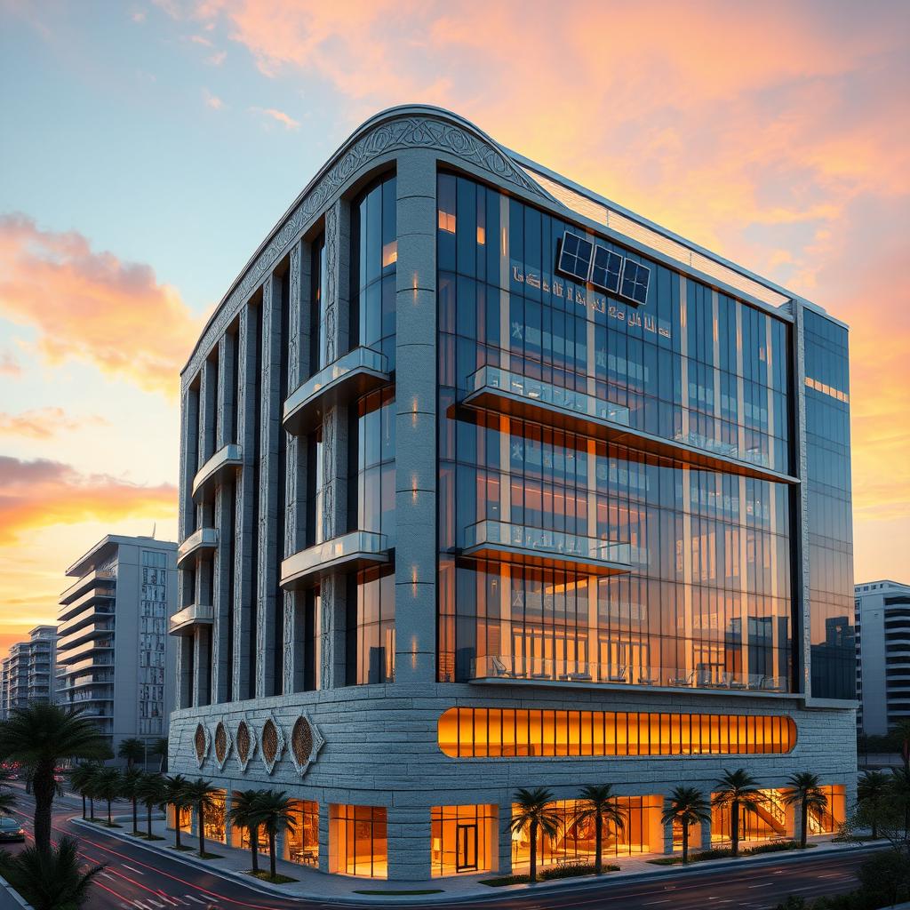 High detail rendering of a 20-story architectural style building with a height of 80 meters, combining two styles: Iranian and modern with a curvilinear shape