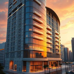 High detail rendering of a 20-story architectural style building with a height of 80 meters, combining two styles: Iranian and modern with a curvilinear shape