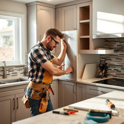 A skilled male carpenter diligently installing modern kitchen cabinets in a well-lit and contemporary kitchen