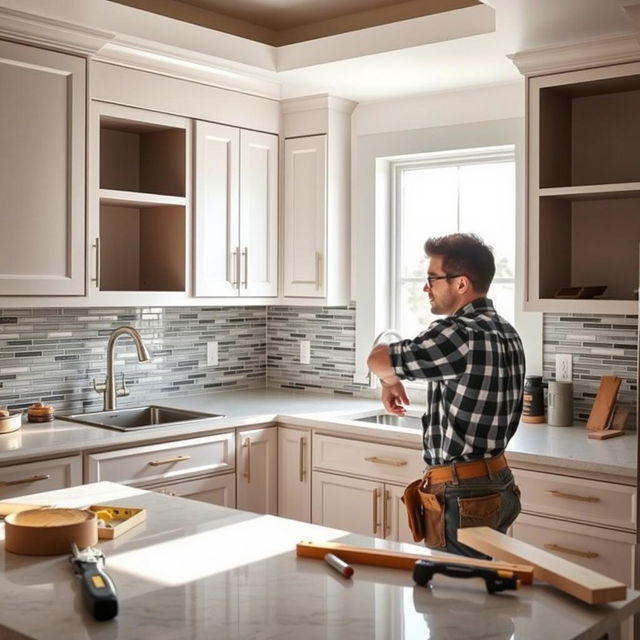 A skilled male carpenter diligently installing modern kitchen cabinets in a well-lit and contemporary kitchen